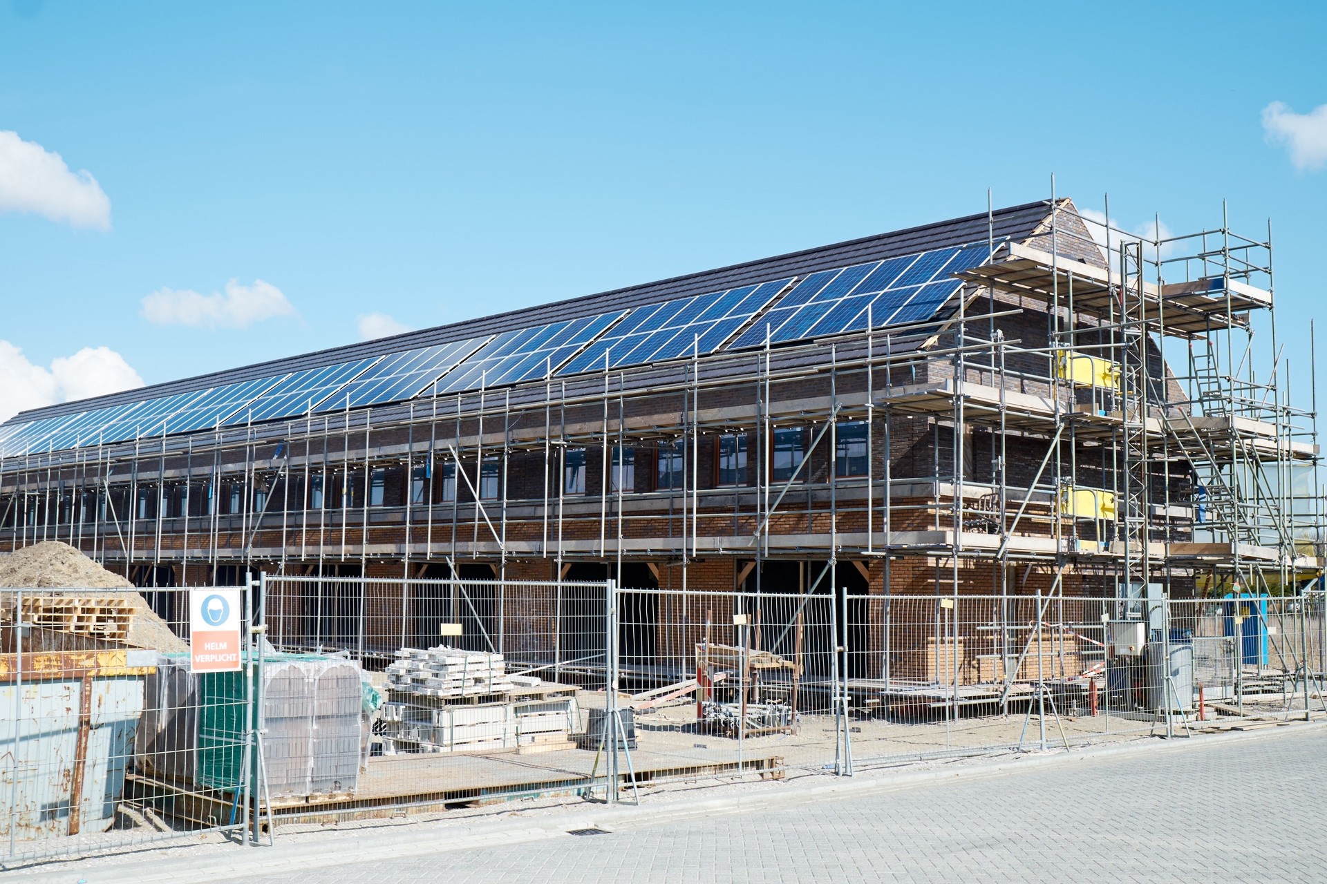 House construction site of houses with solar panels